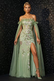 Groene gerimpelde strapless borduurkorset Zeemeermin avondjurk met split