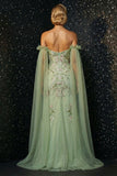 Groene gerimpelde strapless borduurkorset Zeemeermin avondjurk met split