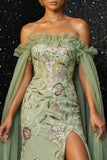 Groene gerimpelde strapless borduurkorset Zeemeermin avondjurk met split