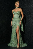 Groene borduurde gerimpelde strapless korset Zeemeermin Avondjurk met split