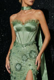 Groene borduurde gerimpelde strapless korset Zeemeermin Avondjurk met split