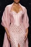 Glinsterende roze pailletten strapless korset zeemeermin avondjurk met split en mantel