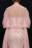 Glinsterende roze pailletten strapless korset zeemeermin avondjurk met split en mantel