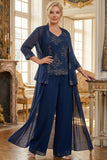 Marineblauw 3-stuks geborduurde Mother of the Bride Pant pakken