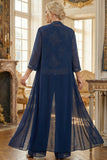 Marineblauw 3-stuks geborduurde Mother of the Bride Pant pakken