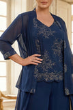 Marineblauw 3-stuks geborduurde Mother of the Bride Pant pakken
