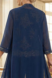 Marineblauw 3-stuks geborduurde Mother of the Bride Pant pakken