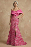 Fuchsia bloemen off the shoulder zeemeermin lange moeder van de bruid jurk met split
