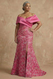 Fuchsia bloemen off the shoulder zeemeermin lange moeder van de bruid jurk met split