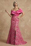 Fuchsia bloemen off the shoulder zeemeermin lange moeder van de bruid jurk met split
