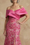 Fuchsia bloemen off the shoulder zeemeermin lange moeder van de bruid jurk met split