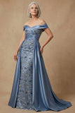 Met Off-the-shoulder kralen stoffige blauwe pailletten lange moeder van de bruid jurk