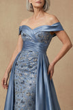 Met Off-the-shoulder kralen stoffige blauwe pailletten lange moeder van de bruid jurk