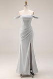 Lichtgrijze off-the-shoulder zeemeermin geplooide lange galajurk met split
