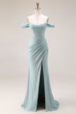 Stoffige groene zeemeermin met een off-the-shoulder korset lange galajurk met split