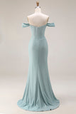 Stoffige groene zeemeermin met een off-the-shoulder korset lange galajurk met split