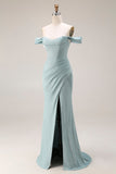 Stoffige groene zeemeermin met een off-the-shoulder korset lange galajurk met split