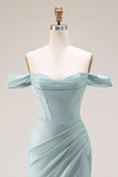 Stoffige groene zeemeermin met een off-the-shoulder korset lange galajurk met split
