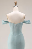 Stoffige groene zeemeermin met een off-the-shoulder korset lange galajurk met split