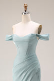 Stoffige groene zeemeermin met een off-the-shoulder korset lange galajurk met split