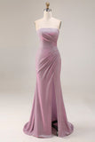 Stoffy pruimachtig strapless zeemeermin met gerimpelde lange galajurk met split