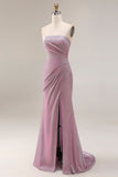Stoffy pruimachtig strapless zeemeermin met gerimpelde lange galajurk met split