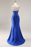 Koninklijk blauwe satijn strapless korset zeemeermin lange galajurk met split