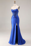 Koninklijk blauwe satijn strapless korset zeemeermin lange galajurk met split