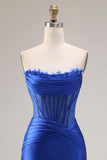 Koninklijk blauwe satijn strapless korset zeemeermin lange galajurk met split