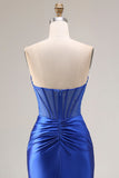 Koninklijk blauwe satijn strapless korset zeemeermin lange galajurk met split