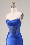 Koninklijk blauwe satijn strapless korset zeemeermin lange galajurk met split