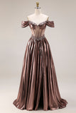 Off-the-shoulder metallic koffie doorschijnend korset A-lijn lange galajurk met kralen