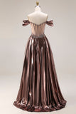 Off-the-shoulder metallic koffie doorschijnend korset A-lijn lange galajurk met kralen