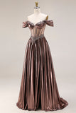 Off-the-shoulder metallic koffie doorschijnend korset A-lijn lange galajurk met kralen