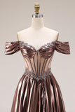 Off-the-shoulder metallic koffie doorschijnend korset A-lijn lange galajurk met kralen