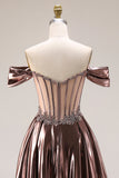 Off-the-shoulder metallic koffie doorschijnend korset A-lijn lange galajurk met kralen