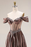Off-the-shoulder metallic koffie doorschijnend korset A-lijn lange galajurk met kralen