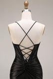 Zwarte satijnen spaghettibandjes zeemeermin lange formele jurk met split
