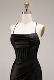 Zwarte satijnen spaghettibandjes zeemeermin lange formele jurk met split