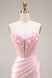 Roze Baskische taille met appliquatie zeemeermin, satijnen lange galajurk met split