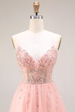 Watermeloen-appliqued korset Spaghetti Straps Een lijn lange tule galajurk