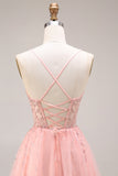 Watermeloen-appliqued korset Spaghetti Straps Een lijn lange tule galajurk