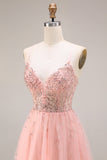 Watermeloen-appliqued korset Spaghetti Straps Een lijn lange tule galajurk