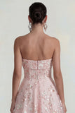 Glinsterende bloemen geappliqueerde roze strapless A-lijn midi jurk