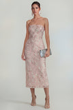Glinsterende bloemen-appliqueerde roze strapless schede midi-jurk