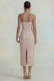 Glinsterende bloemen-appliqueerde roze strapless schede midi-jurk