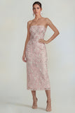 Glinsterende bloemen-appliqueerde roze strapless schede midi-jurk