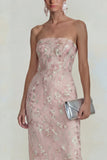 Glinsterende bloemen-appliqueerde roze strapless schede midi-jurk