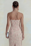Glinsterende bloemen-appliqueerde roze strapless schede midi-jurk
