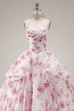 Baljurk strapless witte fuchsia bloemenjurk quinceañera jurk